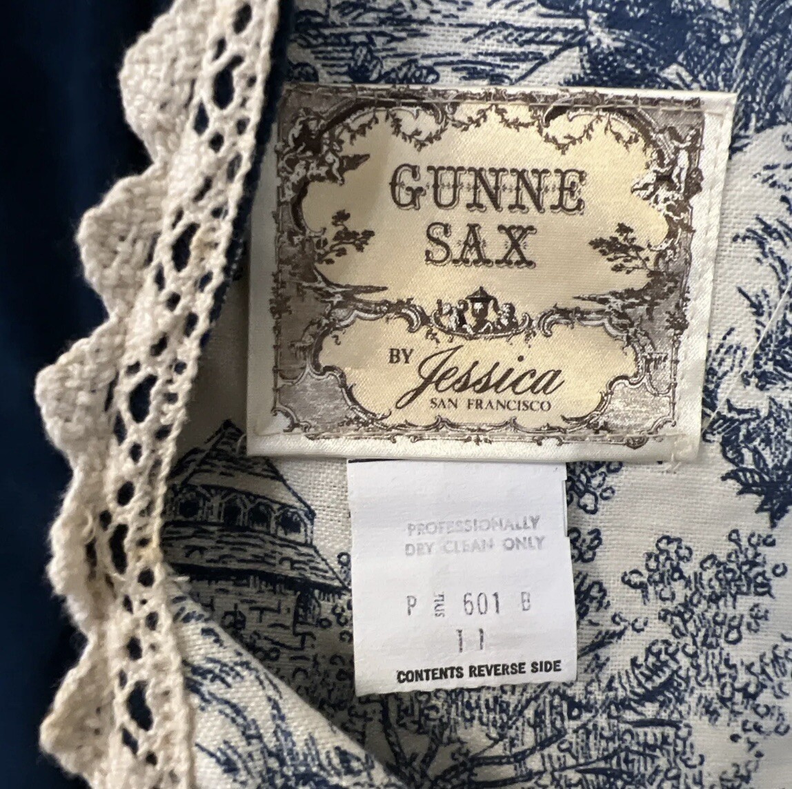 1970’ GUNNE SAX by Jessica Toile de Jouy Maxi Dress Blue Velvet Lace-up Blue 11