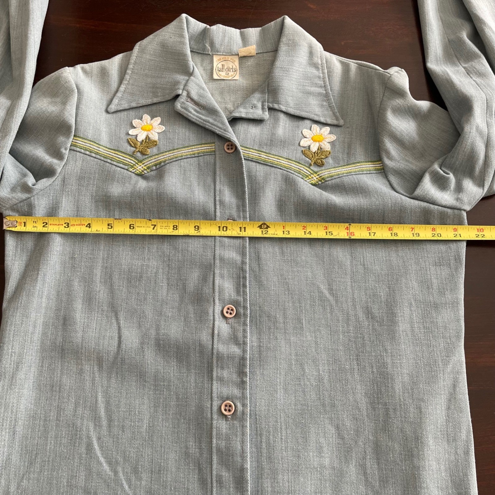 Vintage 70s Tall Girls Blue Western Shirt Embroidered Daisy Floral Long Sleeve