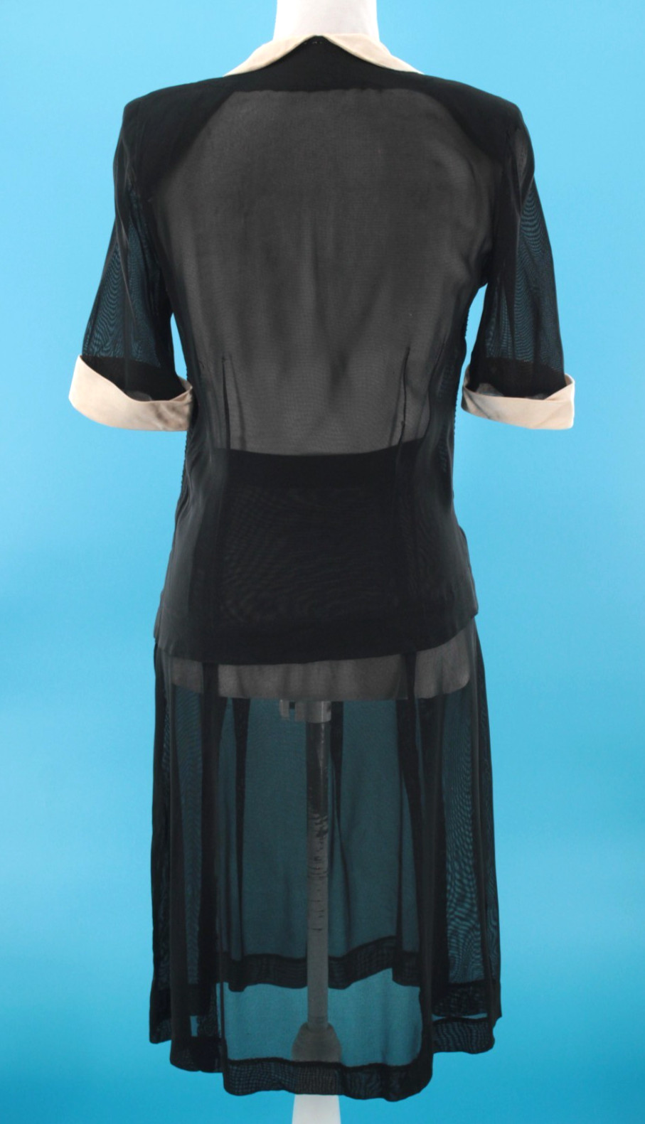 VTG Women’s 30s 2 Pc Black & Cream Trim Sheer Dress Set Sz S 1930s Dress Suit
