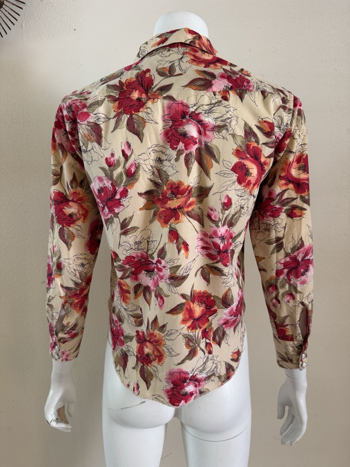 H Bar C Western Pearl Snap Ruffle Blouse Floral Rockabilly Shirt USA S Vintage