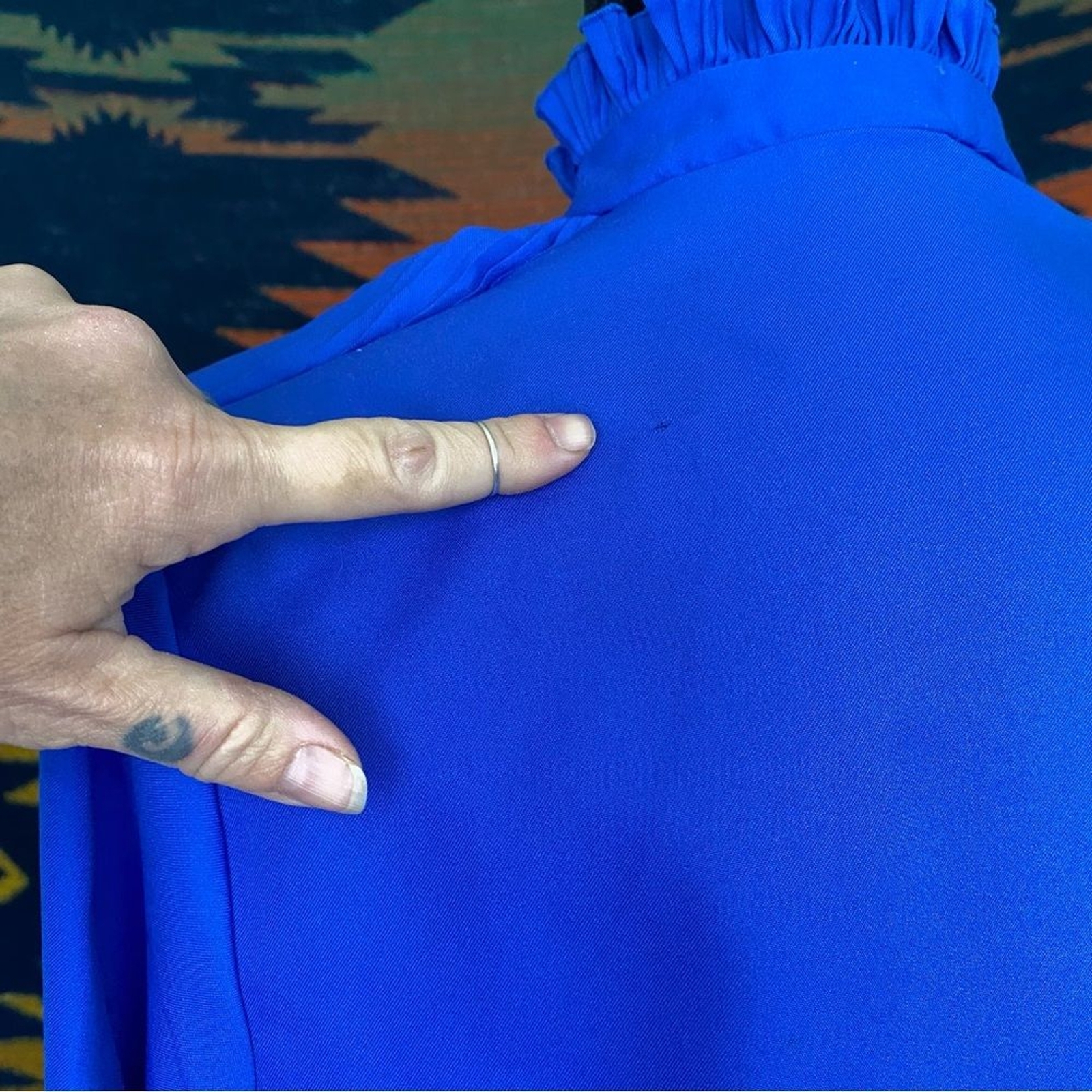 Vintage Shirley of Atlanta poly Royal Blue Ruffled button up blouse. USA. Med.