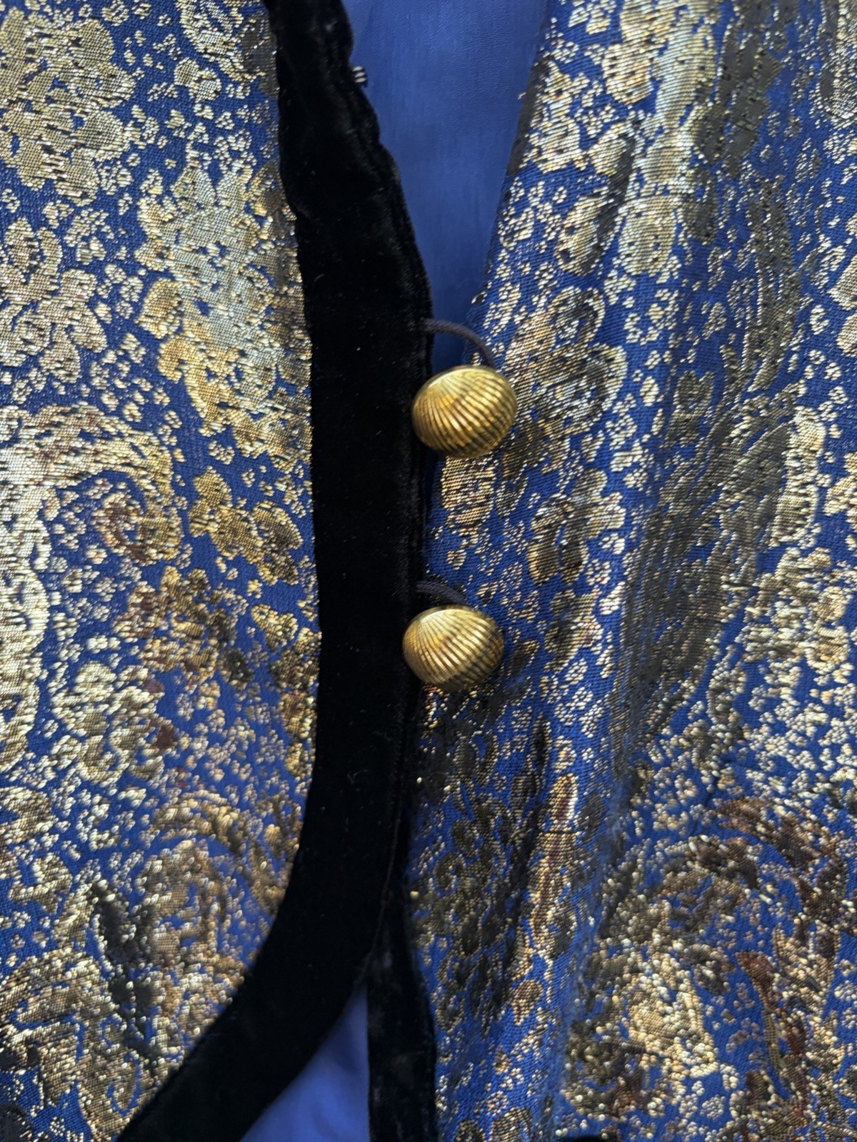 Lanvin Jacket Vintage Blue Gold Lame Floral Brocade Black Velvet Collar 1980s