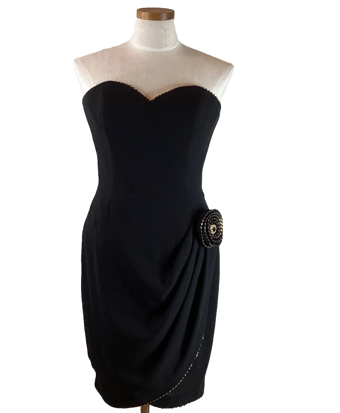 Vtg 80s A.J. Bari Black Strapless Cocktail Dress Gold Accents Crystal Rosette 8