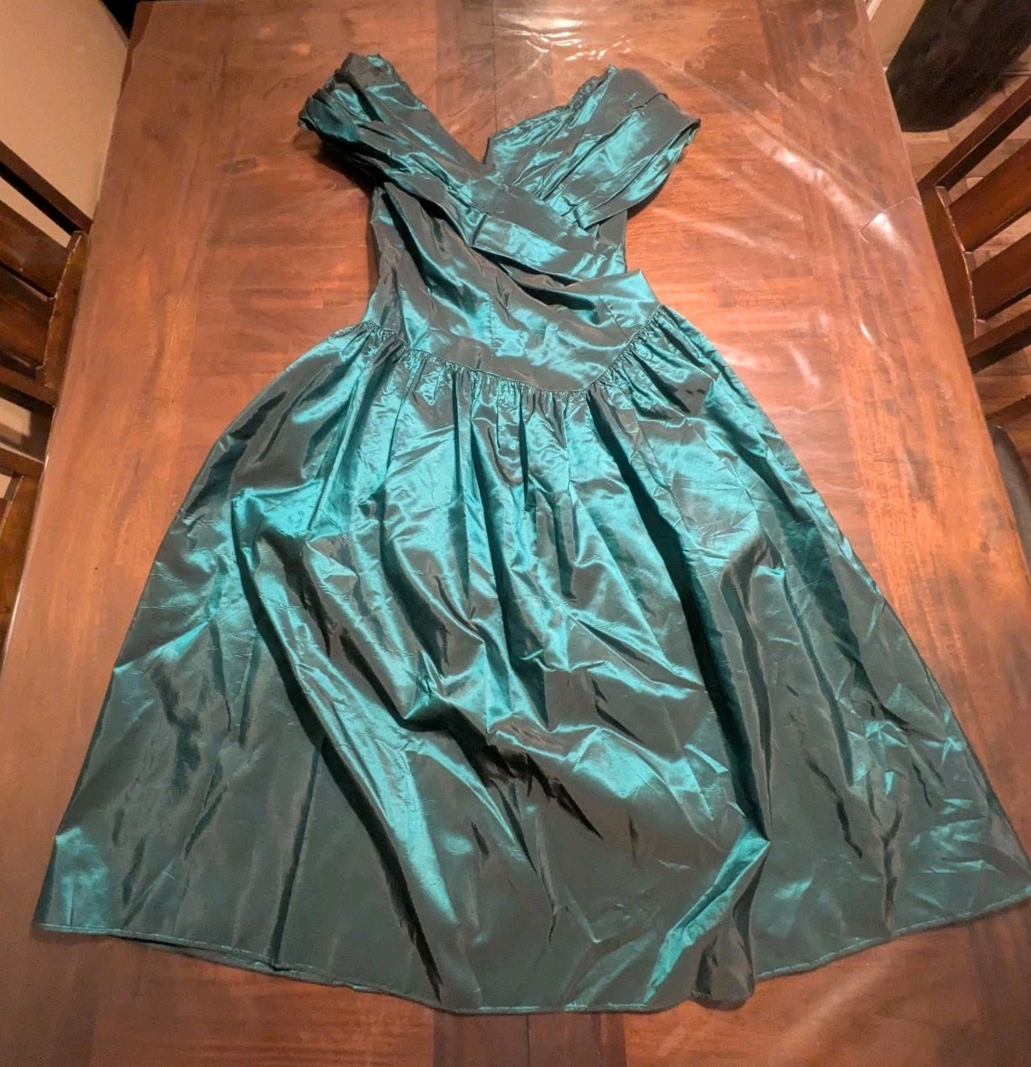 XS 1980s Alfred Angelo Teal Black Layered Lace Satin Evening Gown Prom Dress VTG