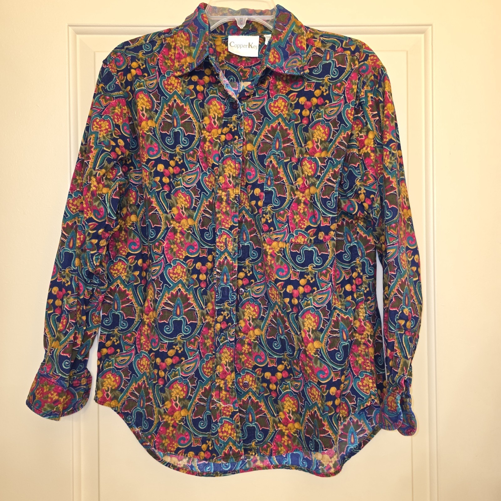 Sz M Vtg Copper Key Womens 100% cotton Ribbed Button Up shirt multicolor paisley