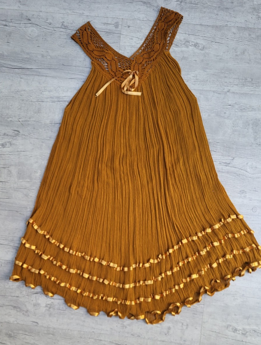 Vintage Gold Cotton Gauze Dress with Crochet & Satin Ribbon Trim – Size M/L -EUC