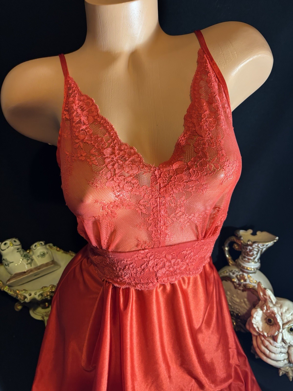 Vtg Silky High Slit Nightie Shiny W Sheer Wide Frilly Chantilly Lace Nightgown