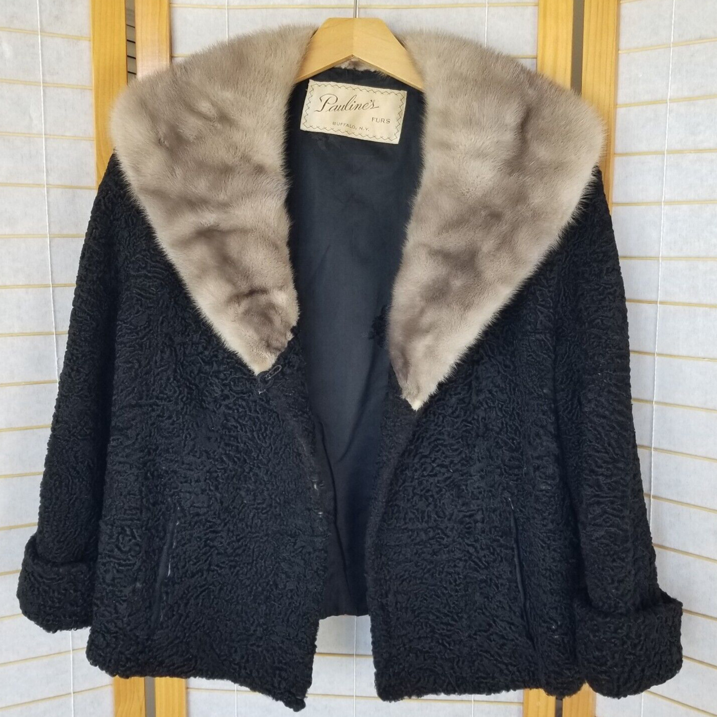 Vintage Black Wool and Mink Coat Short Opera Jacket Size M/L 1950s/60s FLAW