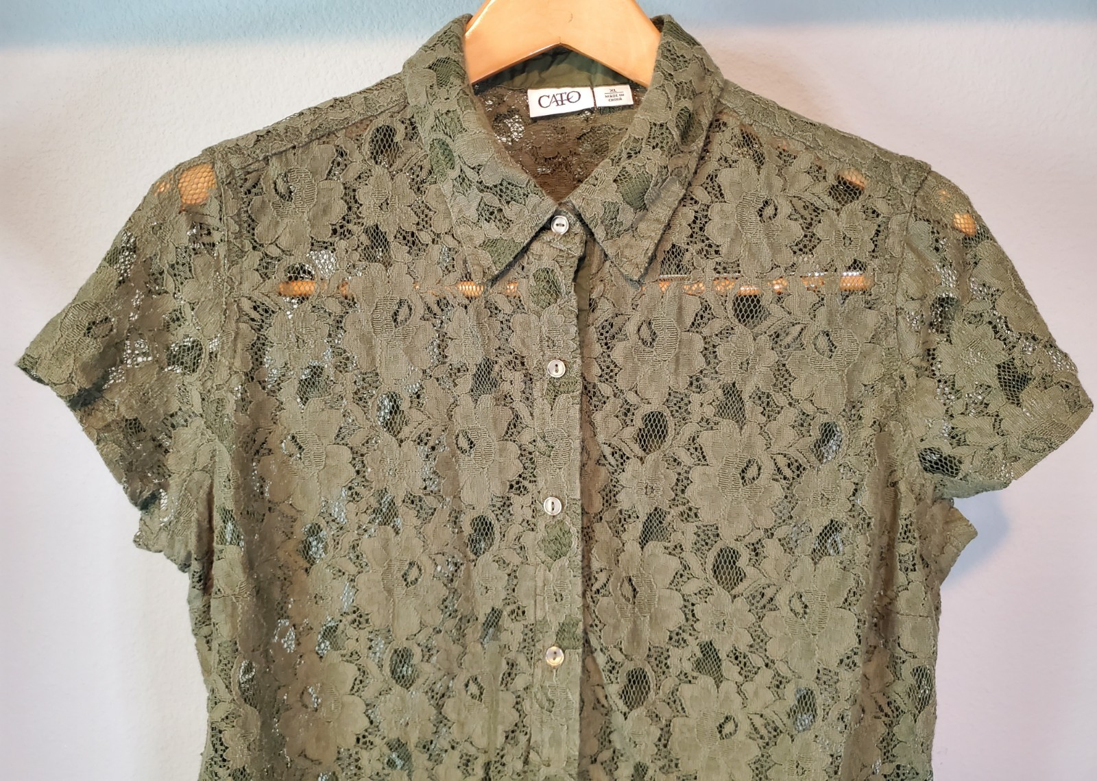 CATO Y2K Olive Green Floral Lace Button Up Shirt Womens XL Boho Goth