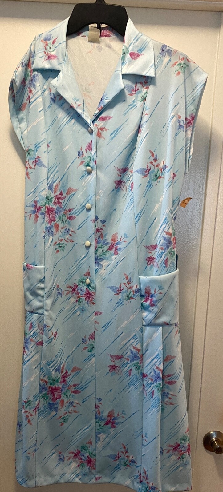 VTG 70s House Dress Women Floral Vneck Collar Button Tie Waist Blue Pink Floral