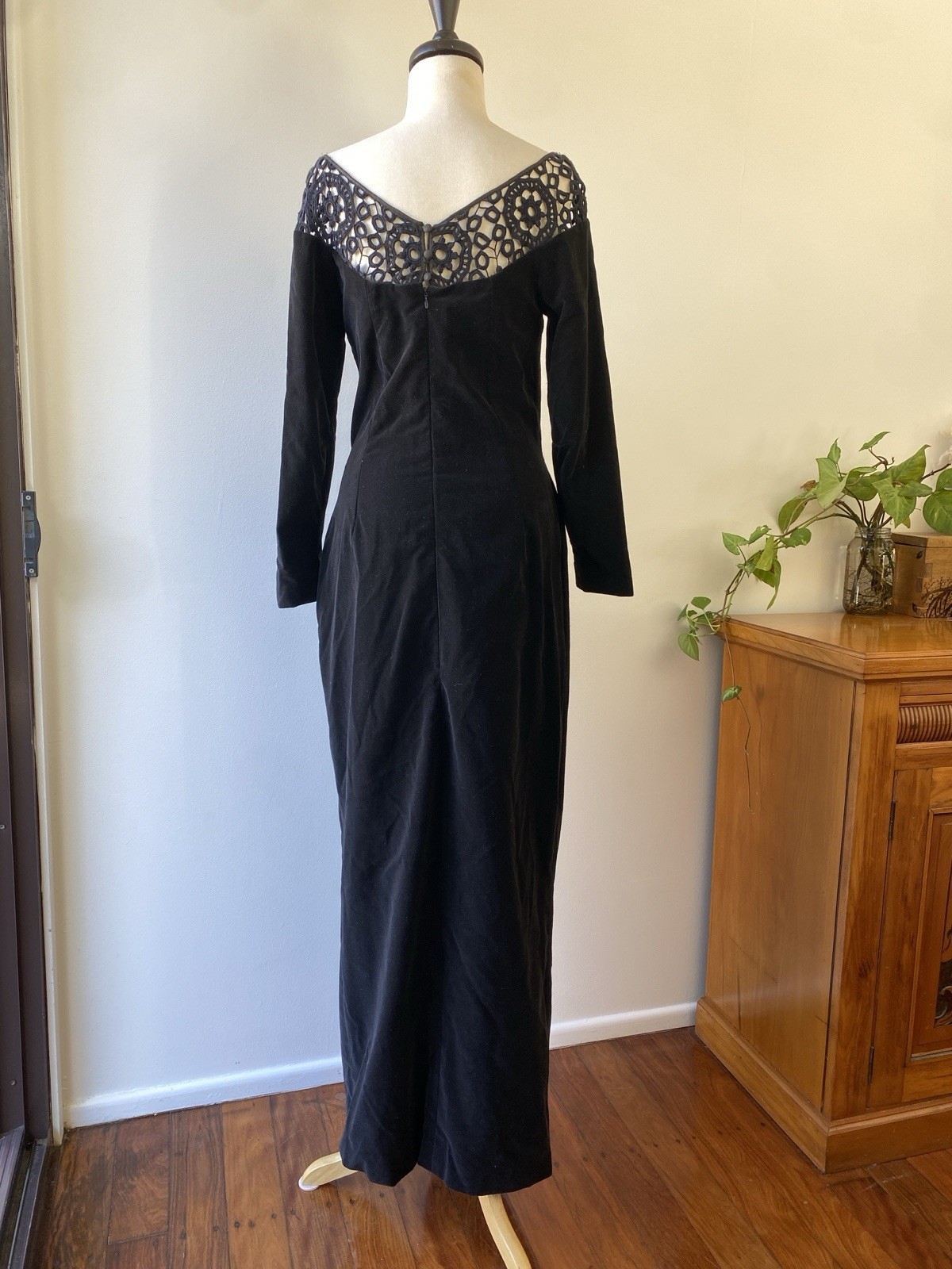Mariana Hardwick Vintage Black Velvet Dress 12 AU 8 US Lace Long Sleeve Evening