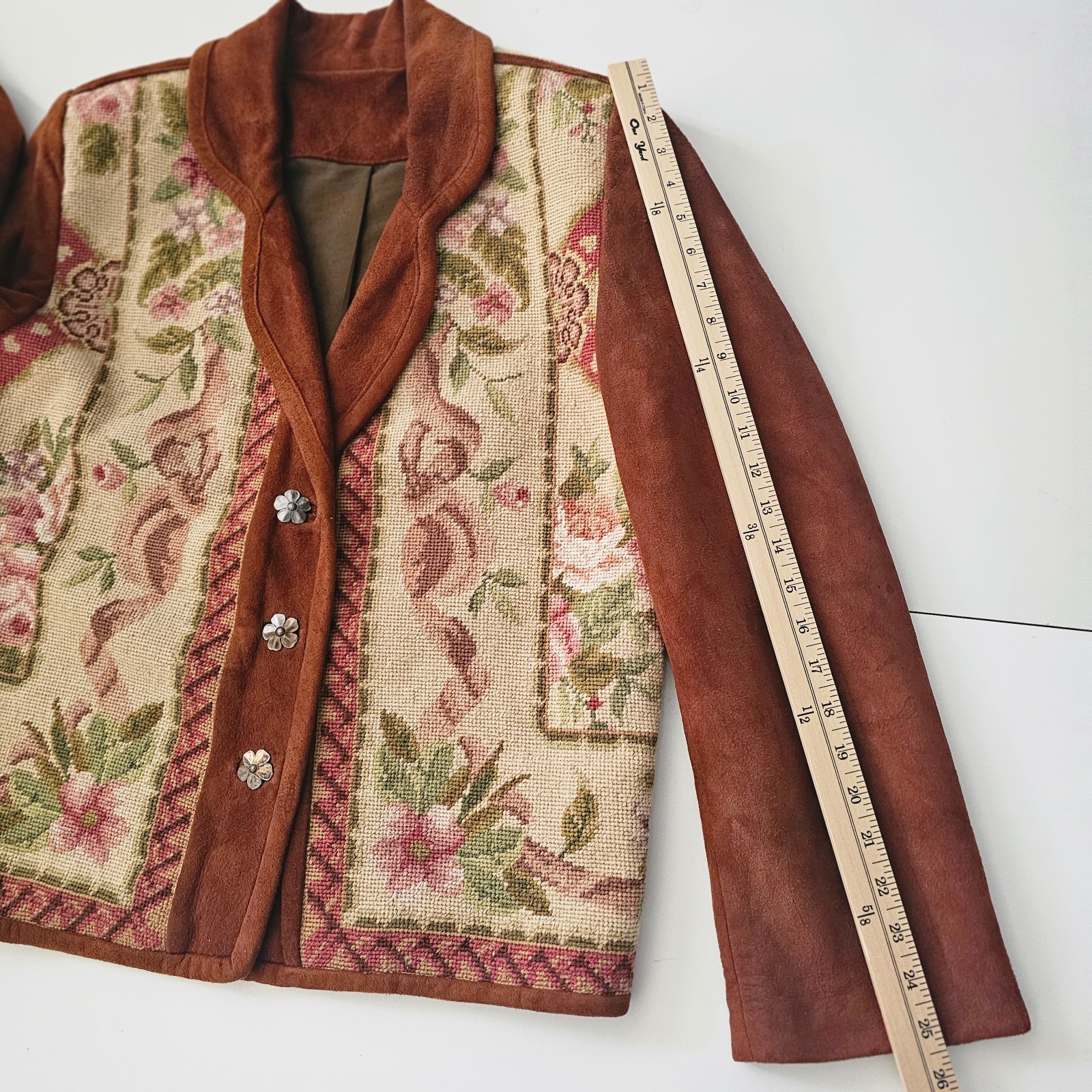Vtg. BOUCHER Santa Fe Womens Suede Jacket Wool Floral Needle point Tapestry .925