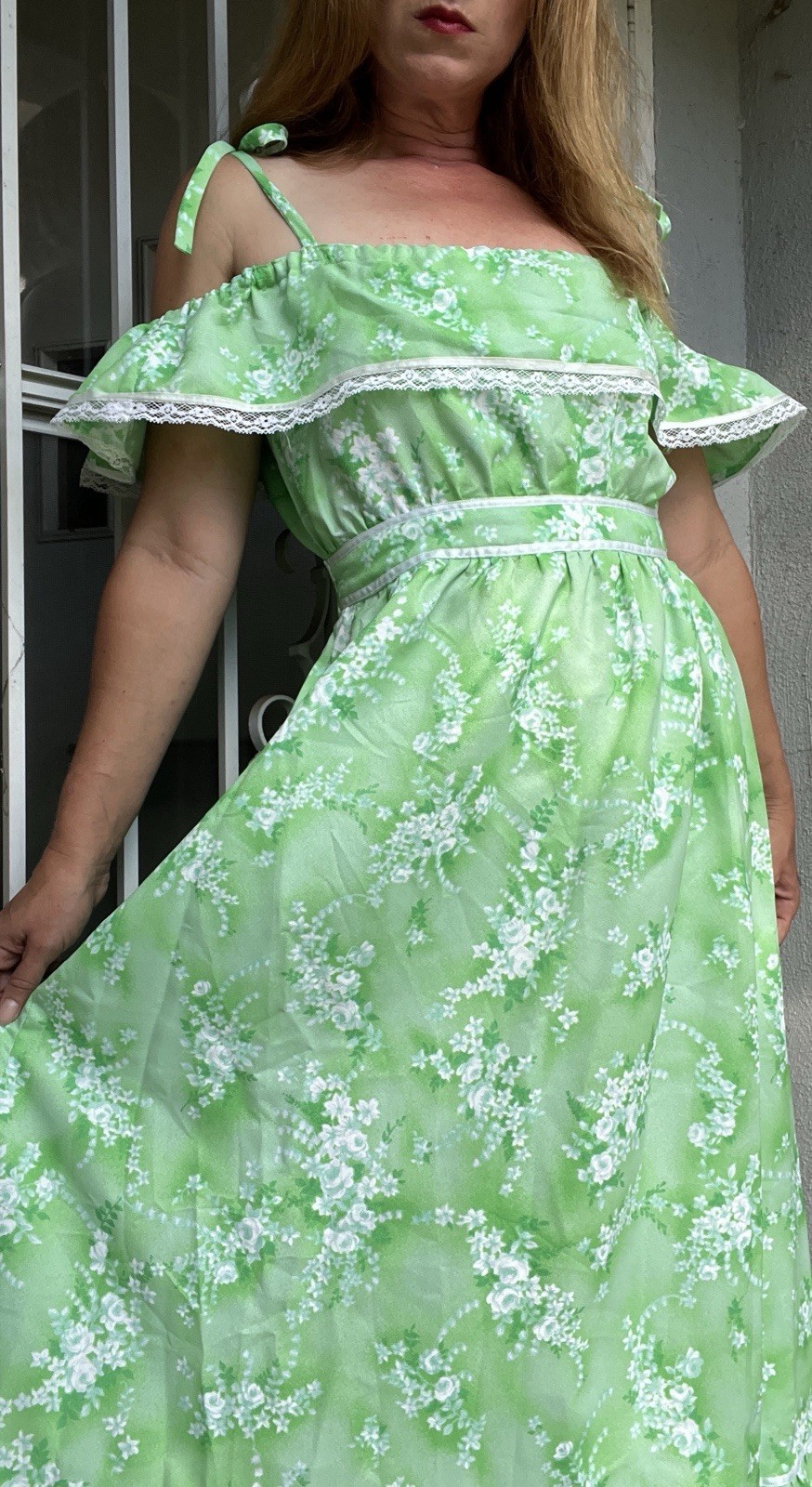 Vintage 1960s Lime Green Floral Ruffled Off Shoulder Boho Hippie Maxi Dress Sz M