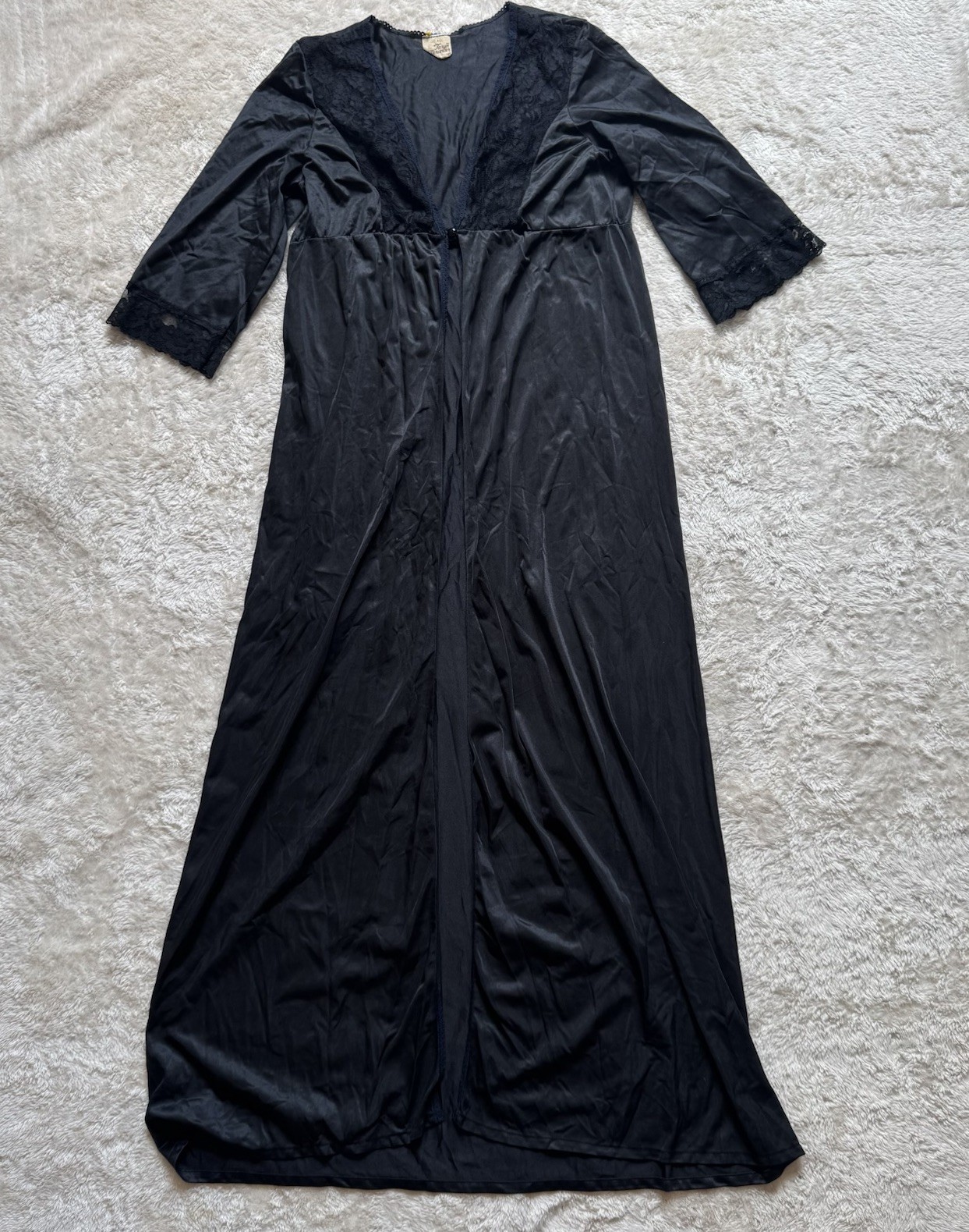 Taryn Alexander Vintage Black Long Lace Trim Nylon Nightgown Robe. Sz M