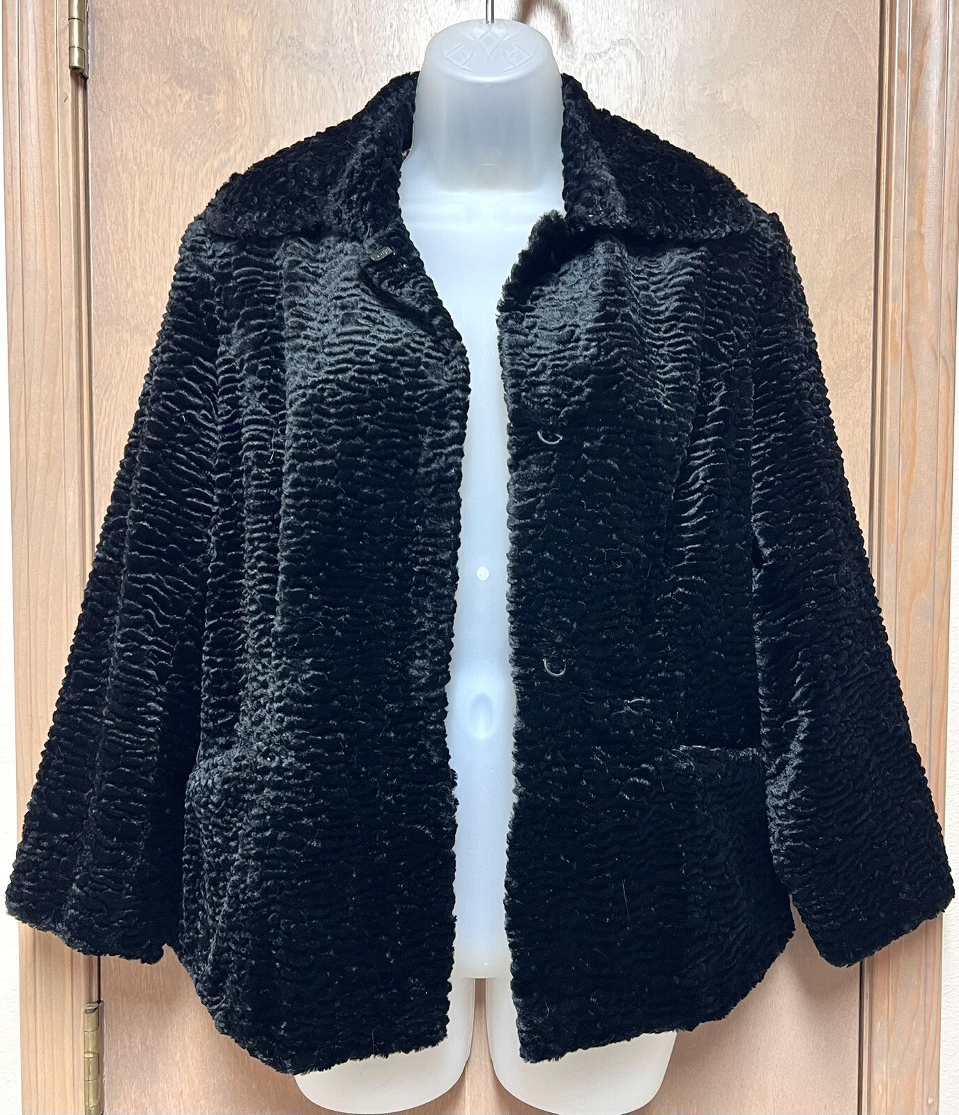 Vintage Norm Thompson Faux Fur Coat Womens Black Satin Lining Petite Small