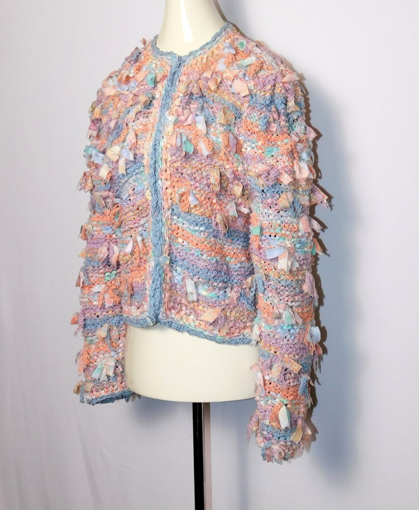 Vintage Women’s 1990s Estelle Gracer Pastel Ribbon-Knit Cardigan Sweater