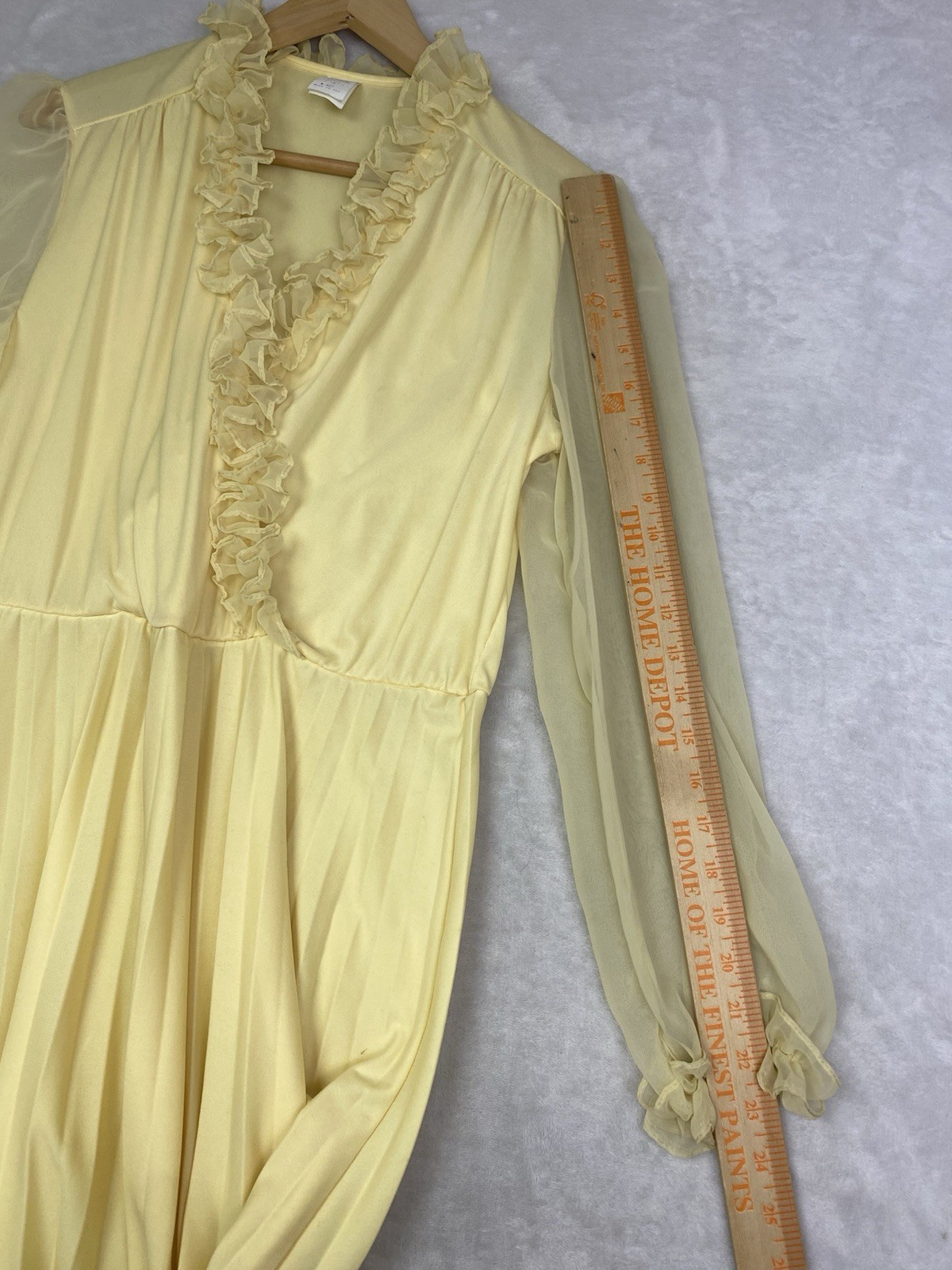 True Vintage 70s Yellow Chiffon Pleated Dress Ruffle Trim Sheer Sleeves USA Made