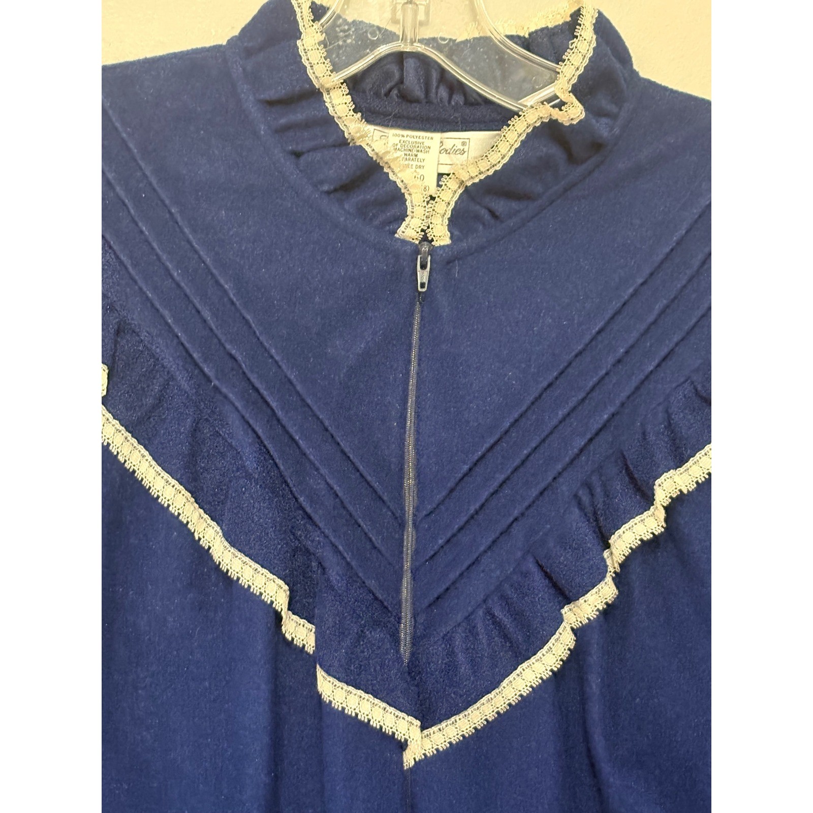 Famous Bodies Vintage Navy Blue Lace Trim Fleece Robe Nightgown L/XL 16-18 USA
