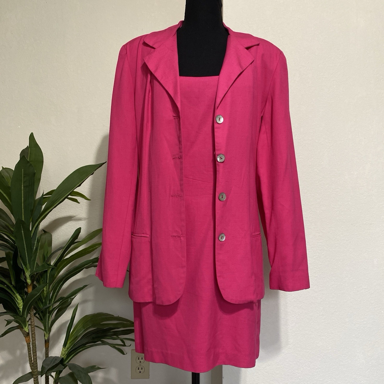 Vtg 90s Spring Dress Suit 14 Rayon Linen Barbie Pink Sheath Dress & Blazer USA