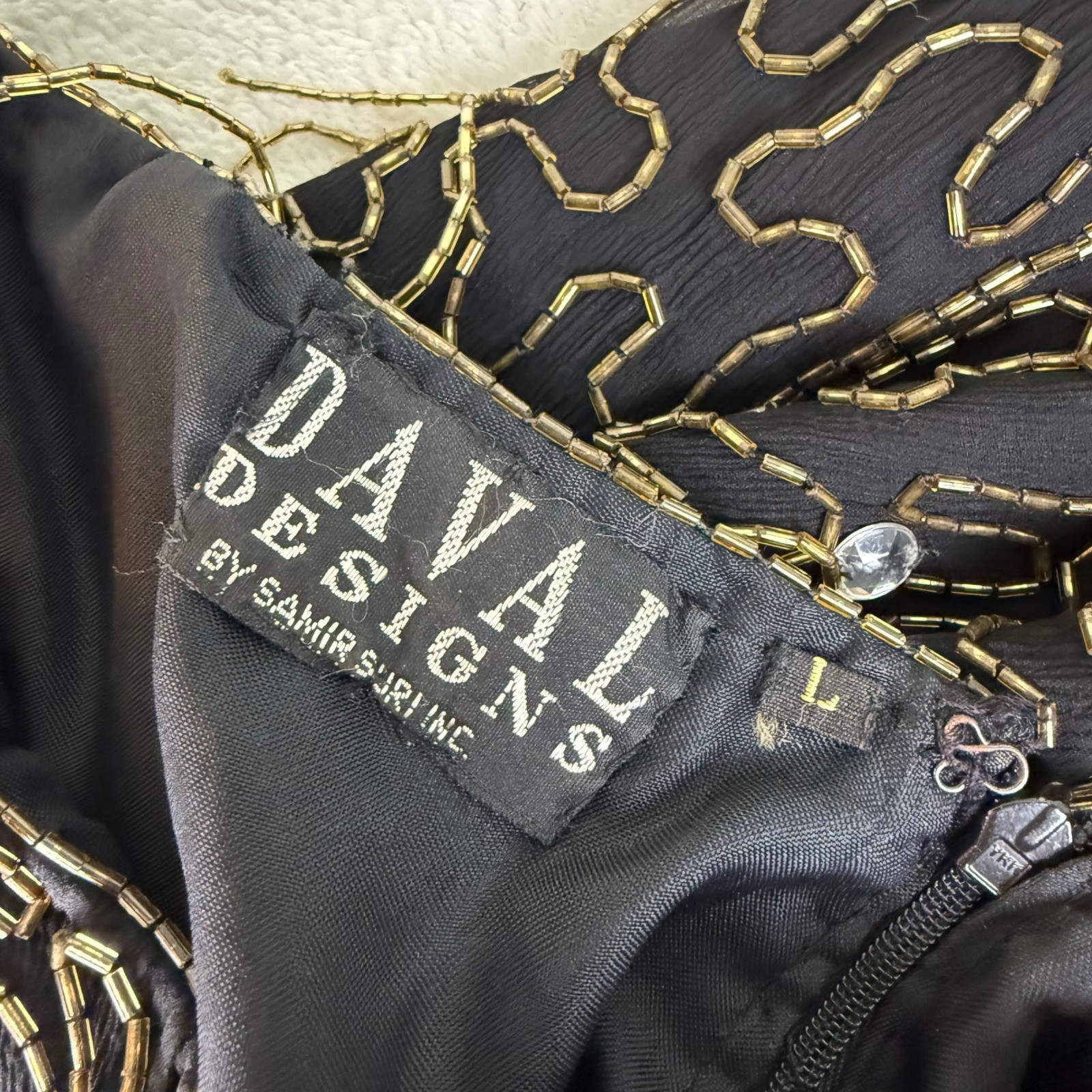 VTG Daval Designs Samir Suri Silk Beaded Halter Dress Black Gold Fringe Gatsby