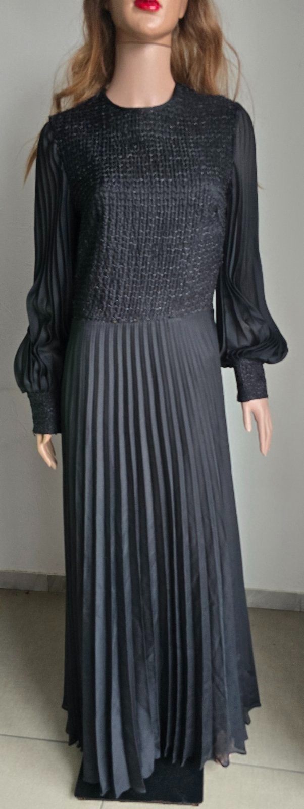 Vintage 70s TREVIRA GEORGETTE Nylon Black Ruffle Maxi Dress with Long Sleeves-40