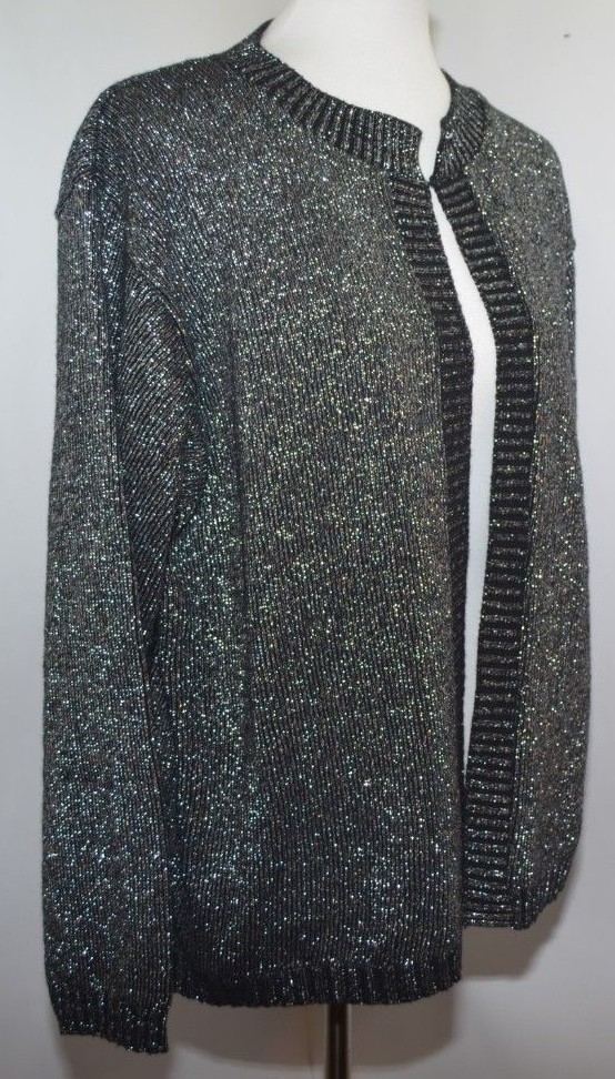 VTG Bedford Fair Black Silver Glittery open Front Cardigan Womens XL USA Made