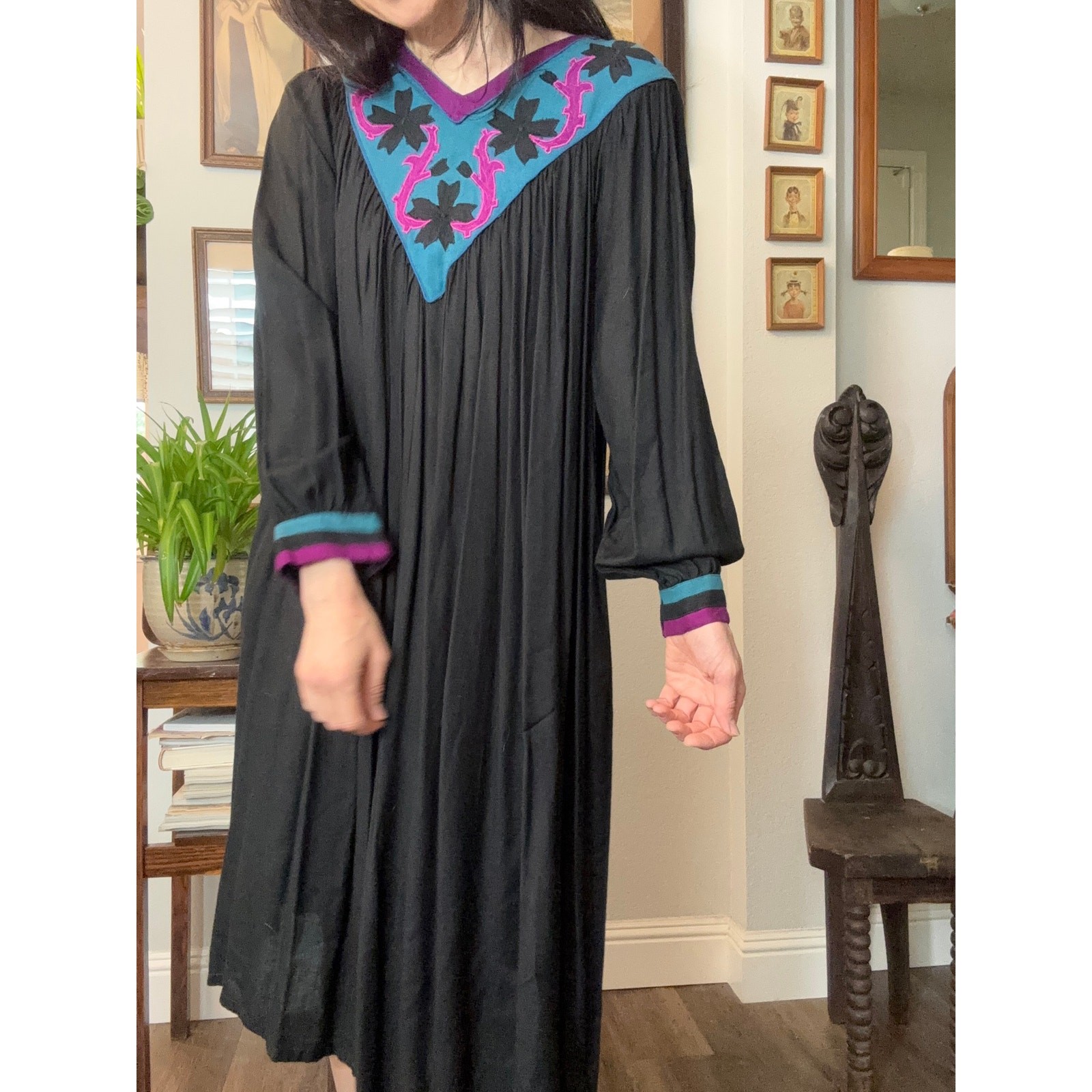 70s 80s vintage Kaftan dress black embroider neckline Papillon purple turquoise