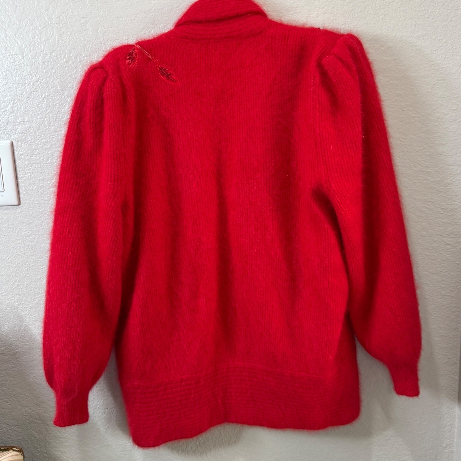 Vintage Red Fuzzy Knit Cardigan 3D Floral Beaded Rhinestone Lined Butter Soft
