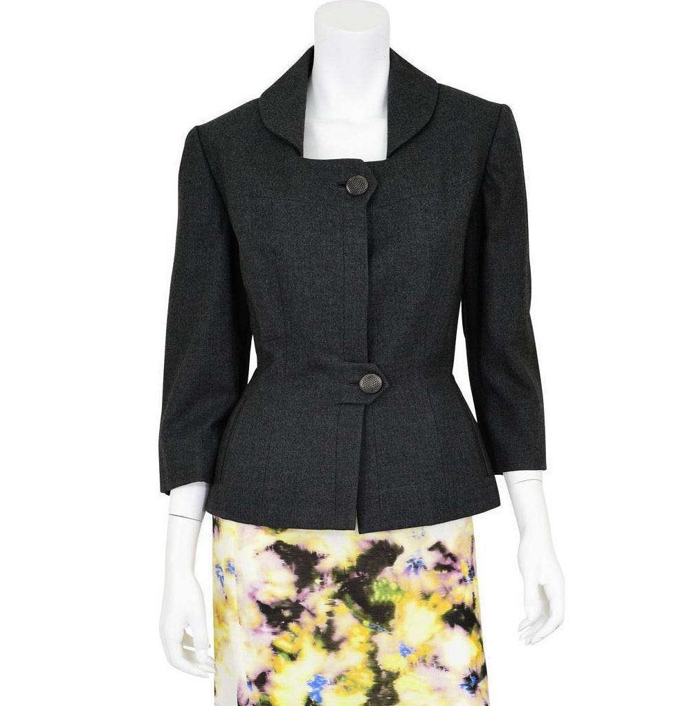 50s Vintage Wool Peplum Blazer Womens S Charcoal Gray Hourglass Square Neck Top