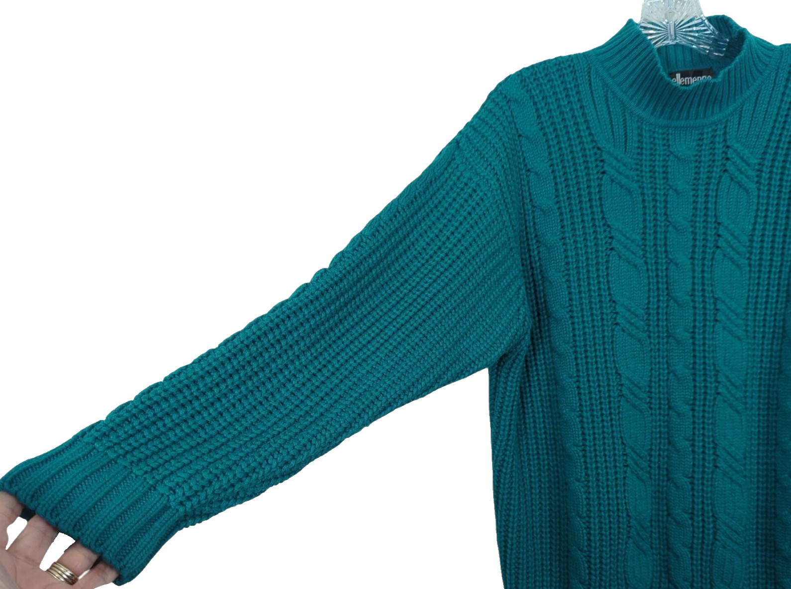Vintage 80s Ellemmenno Sweater Teal Size M Cable Knit Mock Neck Acrylic
