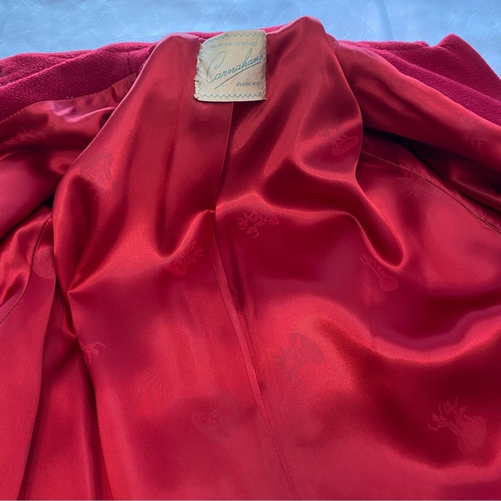 Carnahan’s Red Vintage Coat Long 5 Button Pockets Deerhead Chinchilla Wool SZ L