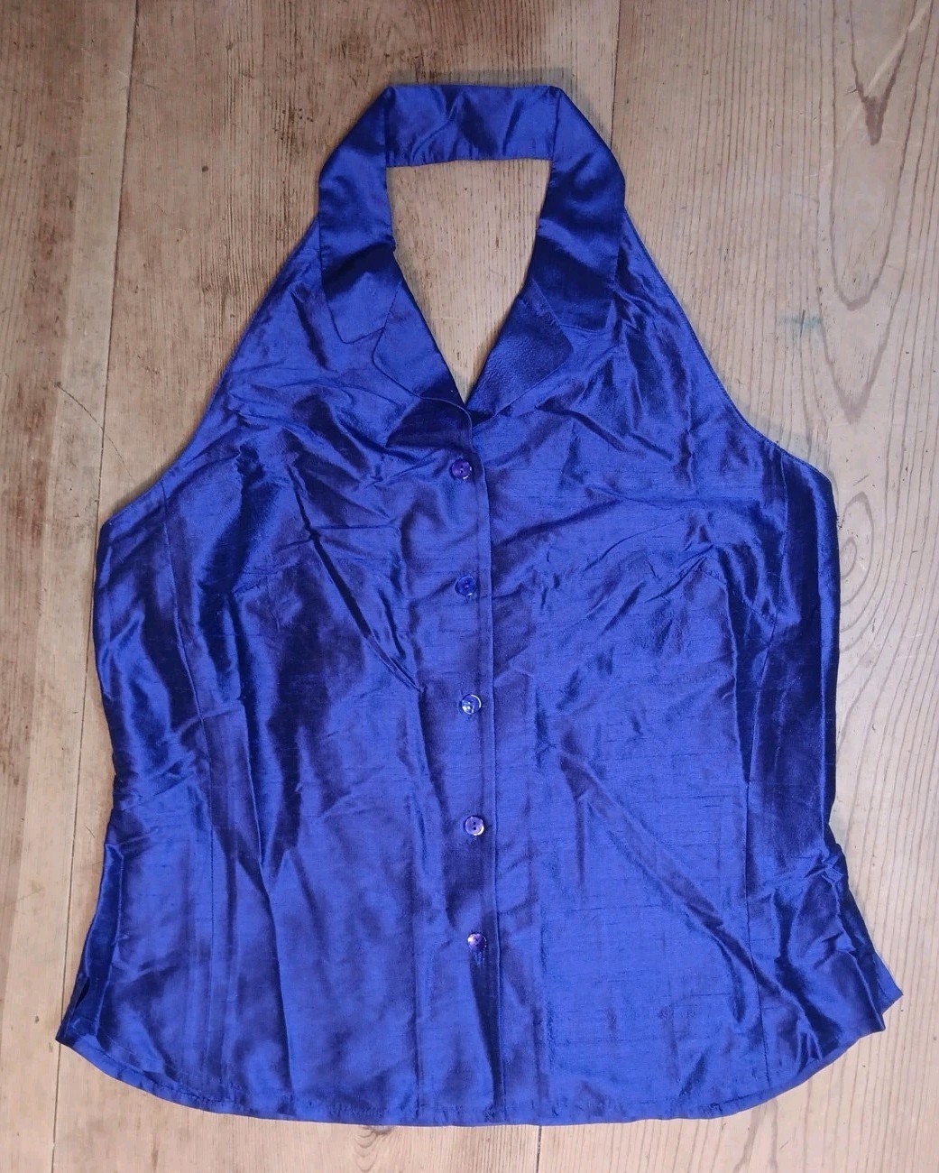 Vtg Jones Wear Womens 10 Halter Neck Top Button Up Blue Purple 100% Silk NWT