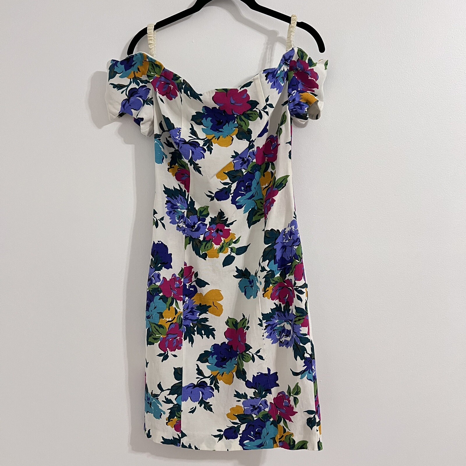 Expo Nite Vintage 80s Floral Midi Dress Size 6 Cold Shoulder 90s Retro White
