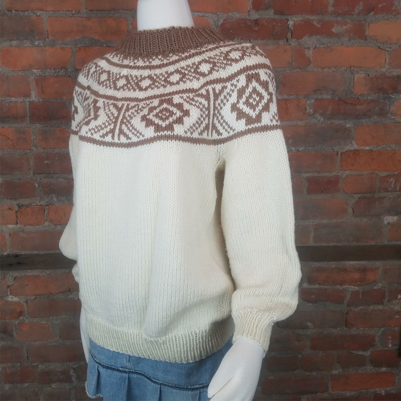 VTG Womens Hand Knit Sweater Northern Isles Style Ivory & Brown Lg Sleeve Size M