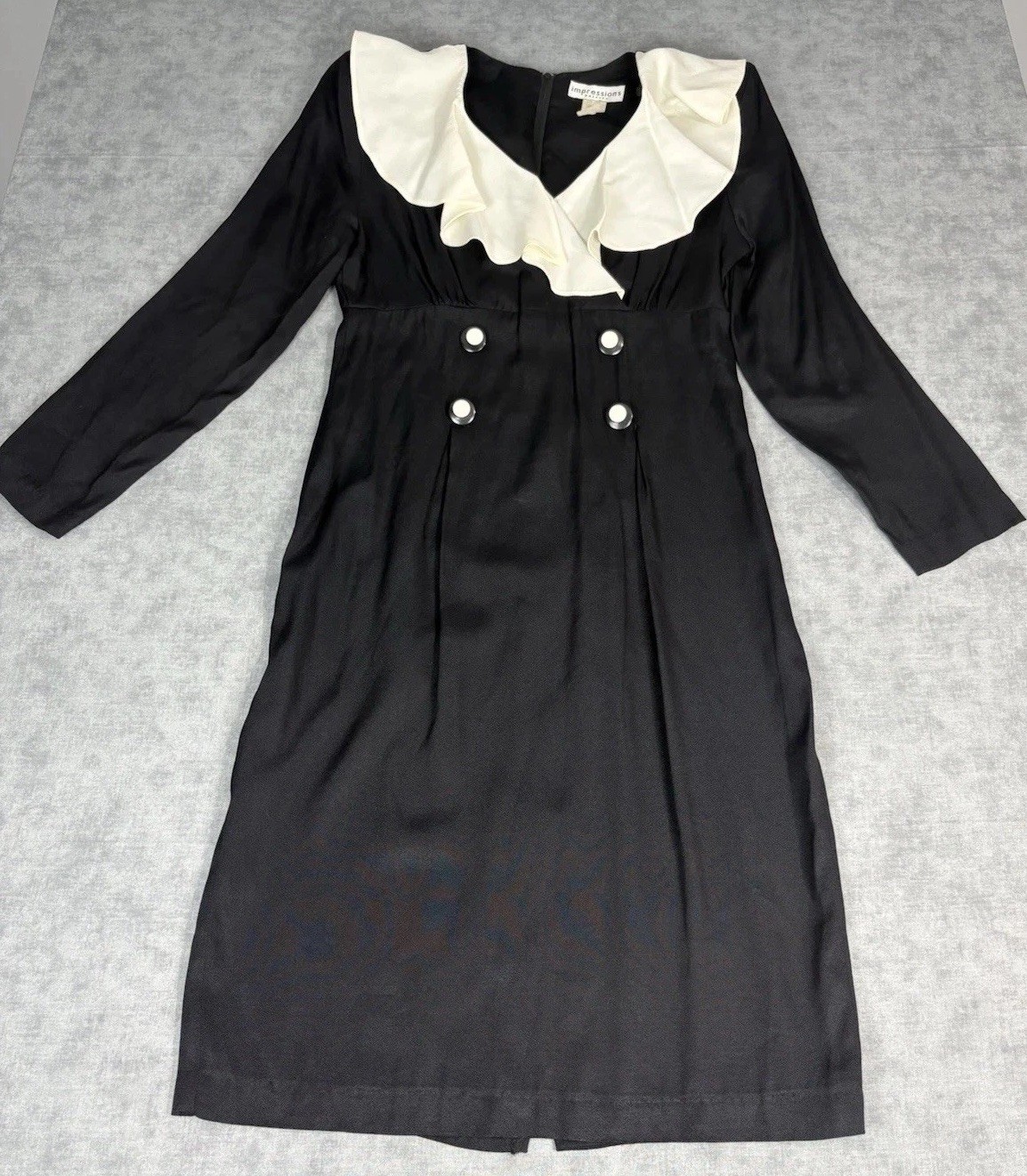 Vintage Impressions Dress Sz 8 Black White Ruffle Collar USA Midi