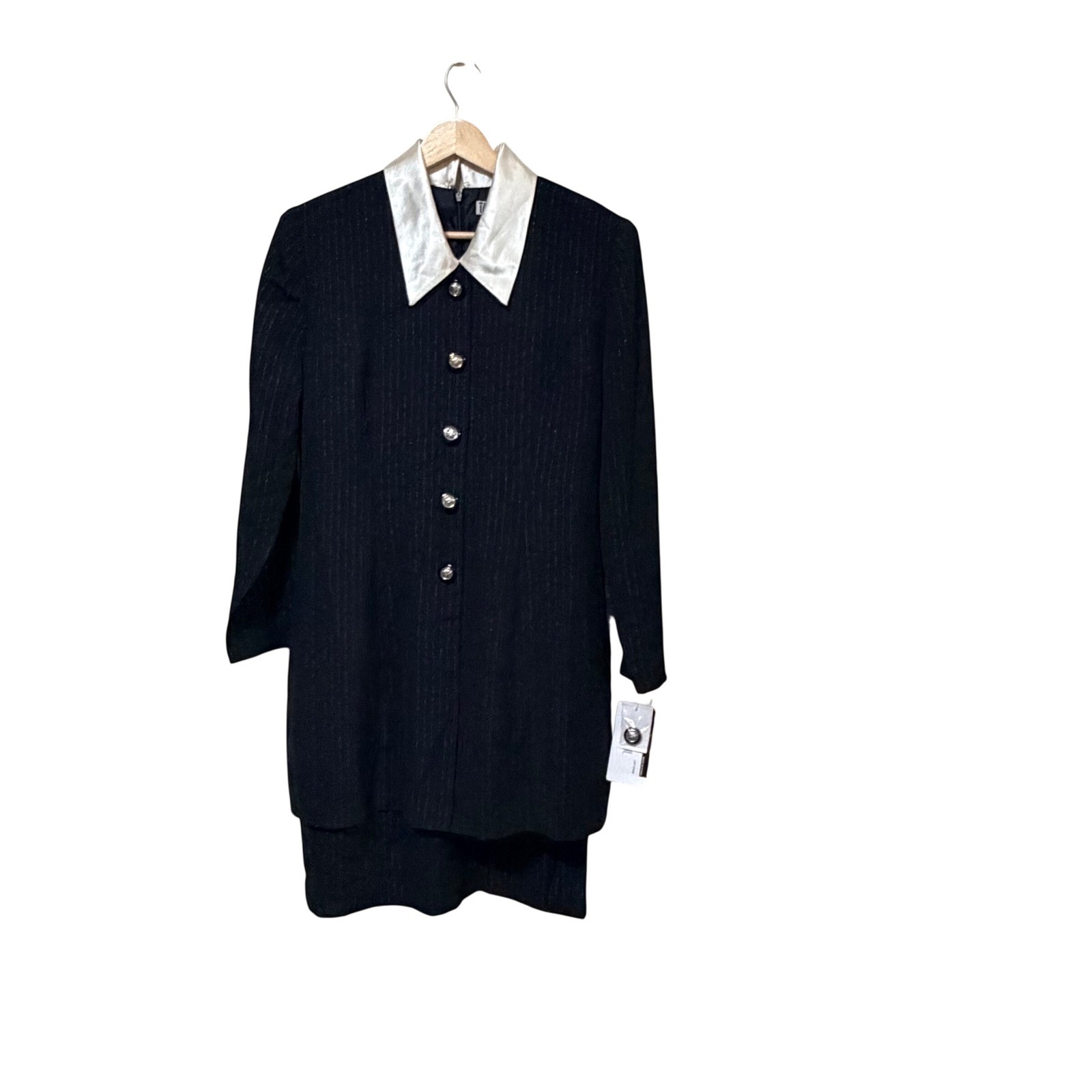 Taurus II Black Pinstripe Sheath Dress White Satin Collar Petite 12P Vintage NWT