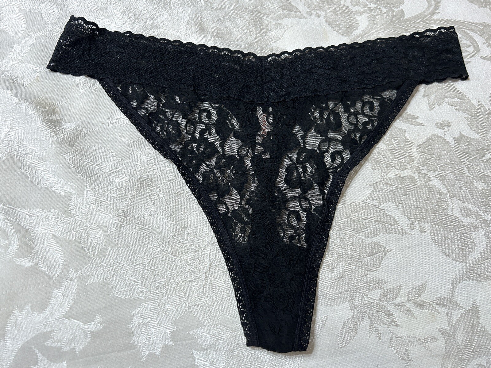 Vtg CACIQUE Floral Lace Mesh 2″ Waistband 18/20 Black Thong Panties #124
