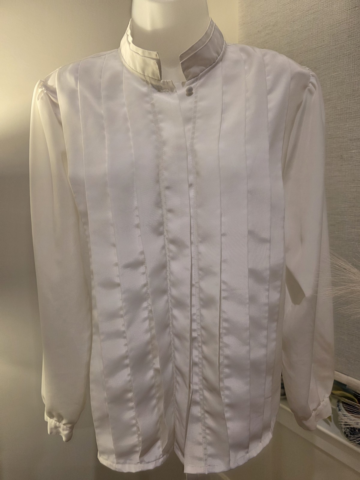 VTG Satin White High Collar Tuxedo Style Victorian Look Blouse Sz. 12