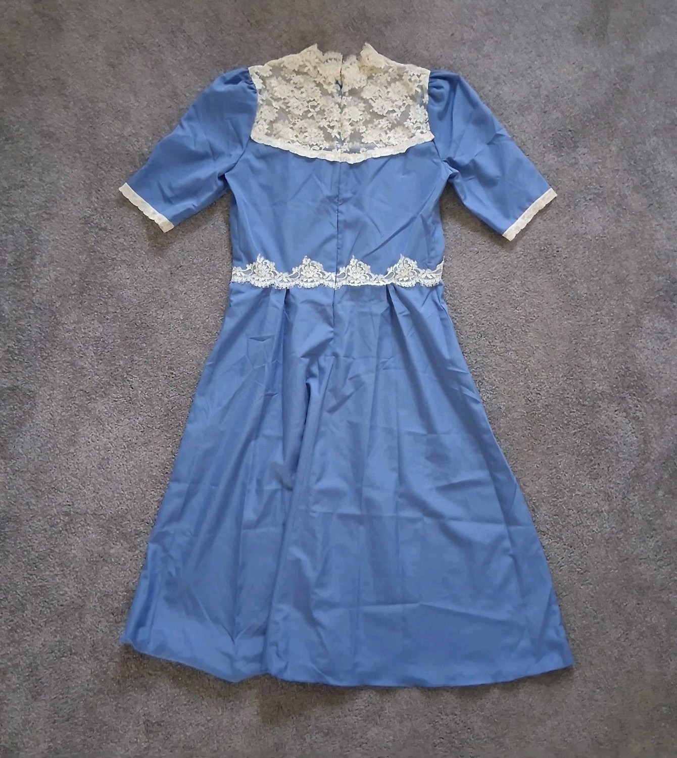 Vintage Sky Blue Dress with Ivory Lace Trim & Unique Personal Tag Handmade