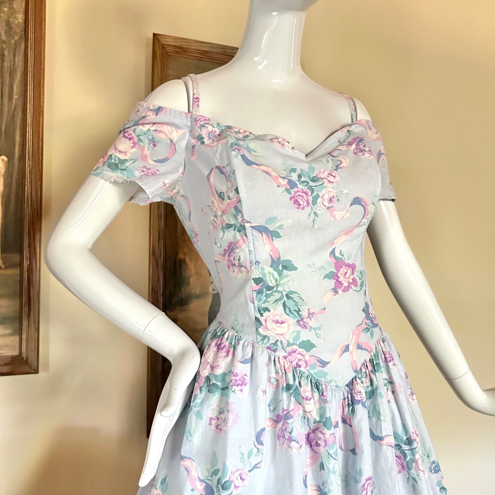 Vtg 1980s Off-Shoulder Baroque Floral Print Fit Party Dress Cottagecore L Volup