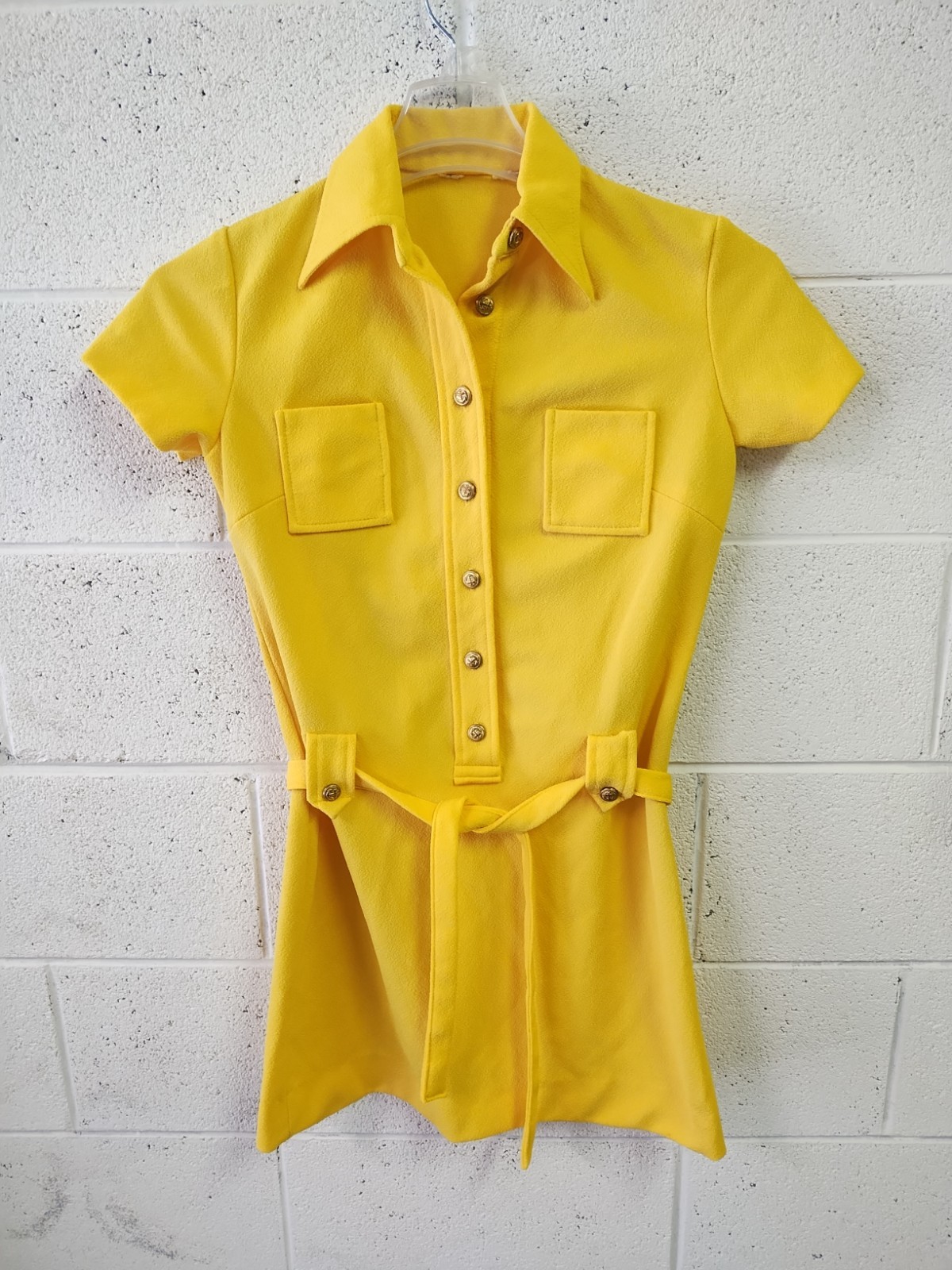 Vintage 1970’s Yellow Polyester Dress Brass Nautical Buttons Belt Pockets SM/M