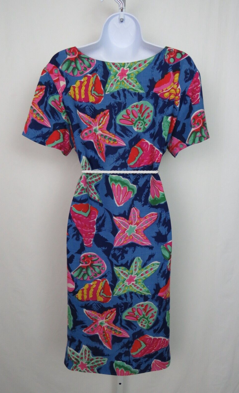 VTG 1990s PEPPERMINT BAY TROPICAL OCEAN DRESS STARFISH SEA SHELLS ROPE BELT