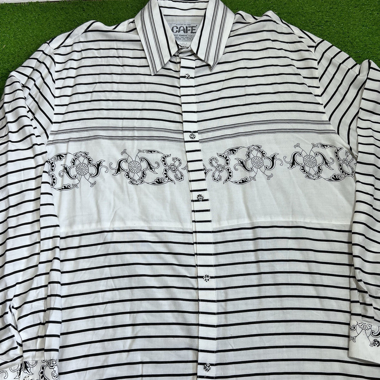 Vintage 70s Button Up 2XL Black White Stripe Floral Motif Leaf Scroll USA Made
