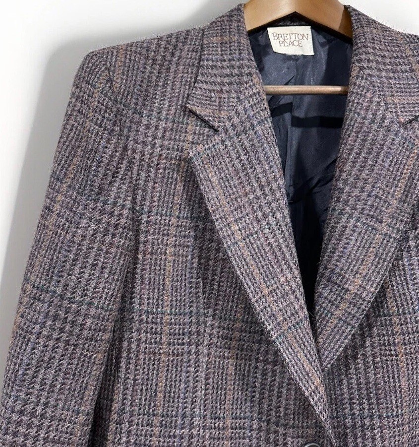 Vtg Bretton Place Women’s Sz 12 Tweed Wool Suit Purple Plaid Quiet Luxury Preppy