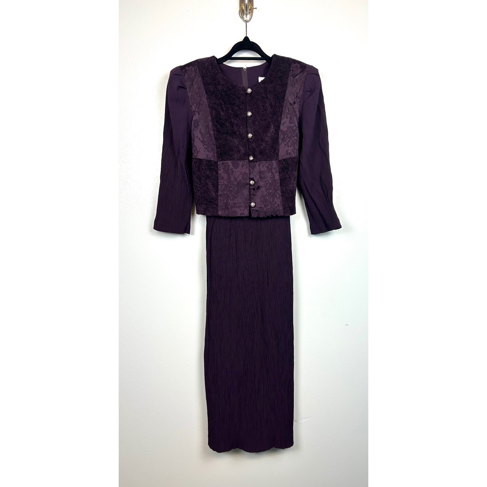 Miss Dorby Vintage 90s Purple Maxi Dress Floral Brocade Patchwork Size 12 Church