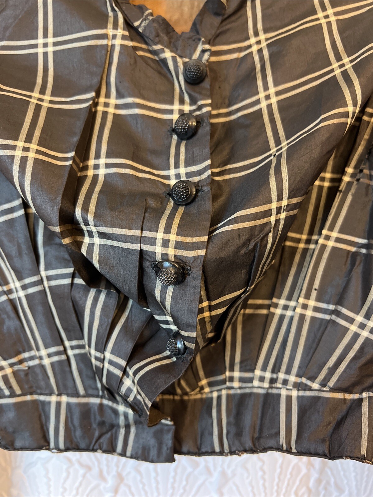 Antique 19thC Victorian Black Plaid Silk Ladies Bodice Jacket