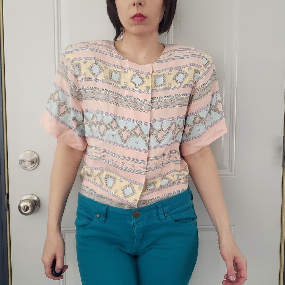 80s Pink, Blue and Yellow Rayon Button Down Blouse