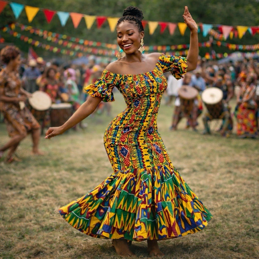 Vtg Smocked Kente African Maxi Dress Free Size World Dance Cultural Festival