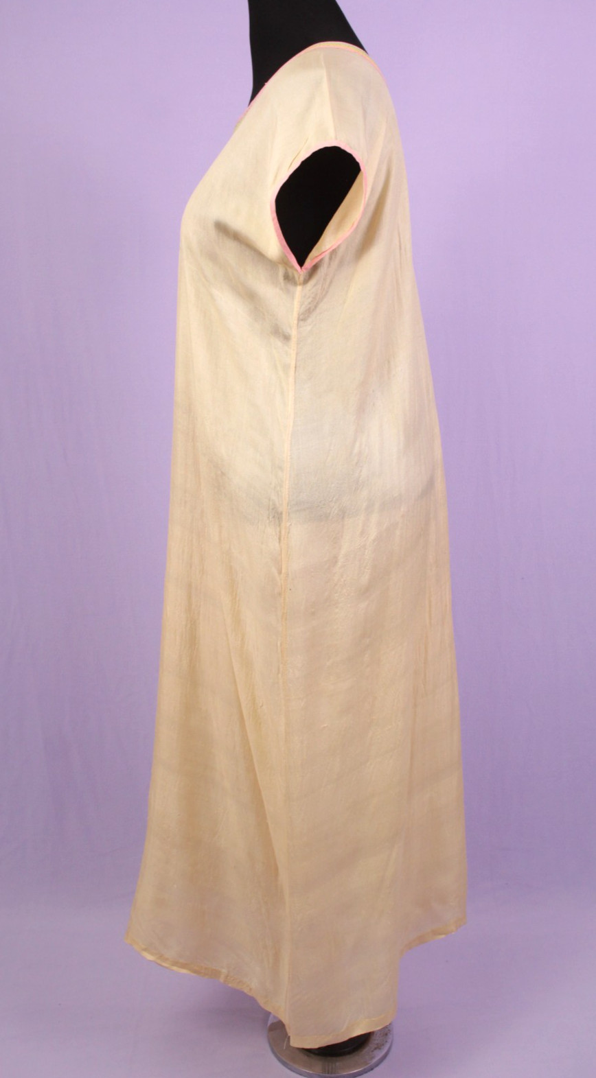 VTG Women’s 20s Peach Silk Slip Dress W/ Rainbow Trim Collar M/L 1920s Nightgown