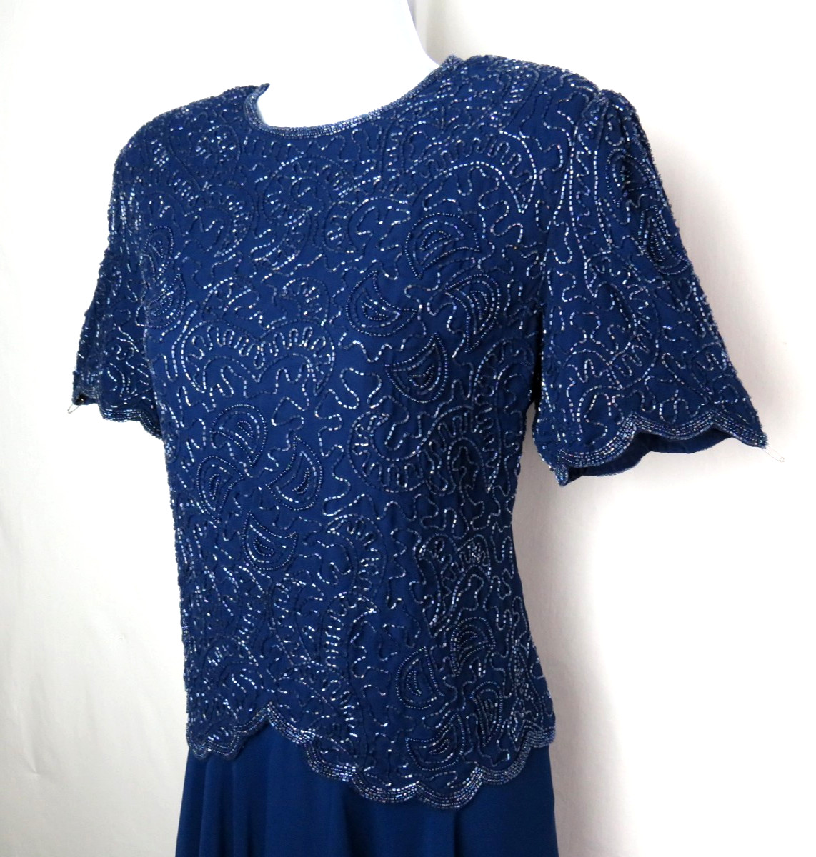 VTG 1980s BRILLIANTE BY JA BLUE BEADED DRESS SIZE PM POLY CHIFFON